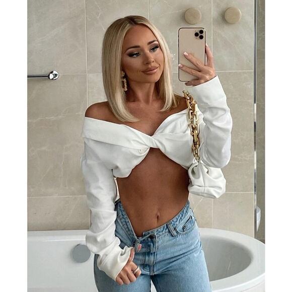 Pretty Little Thing White Satin Bardot twist front crop top women's blouse Sz 2 - Picture 3 of 12